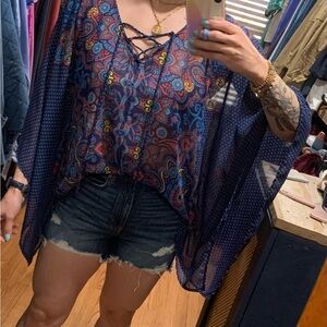 West Kei Boho Tie Front Blouse Navy Red Yellow Graphic Floral Flowy Size Large